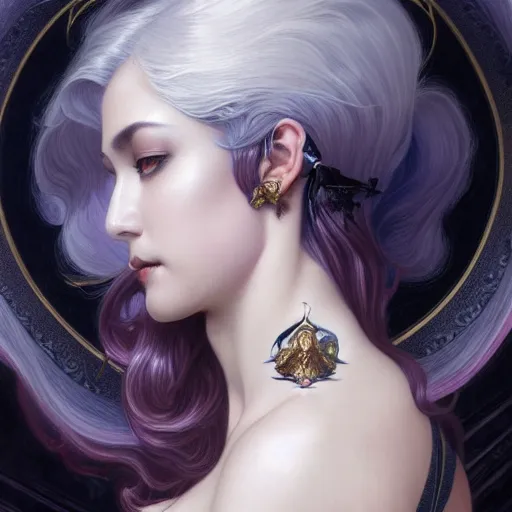 Image similar to Portrait of an Immortal Astral Succubus with platinum black hair as 2B, asian, D&D, fantasy, intricate, elegant, highly detailed, digital painting, artstation, concept art, matte, sharp focus, illustration, art by Artgerm and Greg Rutkowski and Alphonse Mucha