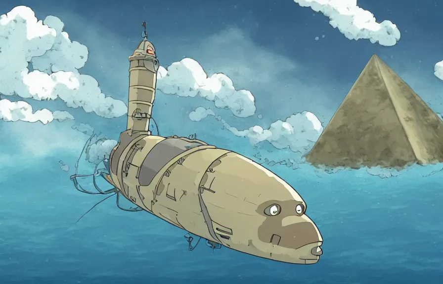 Image similar to a realistic studio ghibli cell shaded cartoon showing an underwater submarine. in the background is a white pyramid with a gold capstone underwater at the bottom of the sea. wide shot, very dull muted colors, hd, 4 k, hq