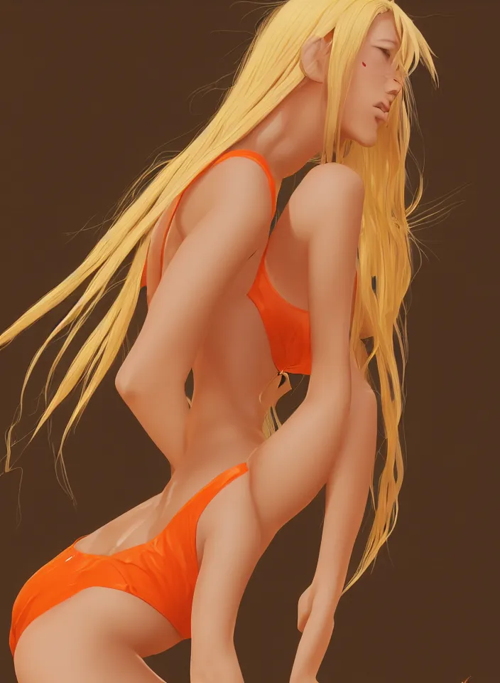 Image similar to beautiful blond woman in orange tribal bikini, long blond hair behind the ear, by makoto shinkai, ross tran, 8 k, high resolution render, cinematic color grading, clean lineart and flat color,