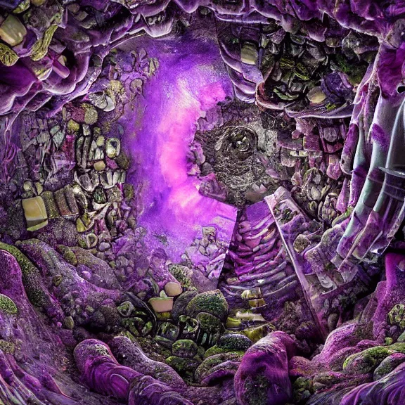 Image similar to detailed shot of inside a cavernous living stomach of a giant goddess, the walls purple and pulsing, lots of acid pooling up on the floor, digesting and dissolving a human that ended up inside, food pov, micro pov, vore, digital art, furry art, high quality, 8k 3D realistic, macro art, micro art, Furaffinity, Deviantart, Eka's Portal, G6