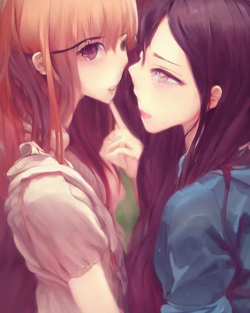 Prompt: portrait of two girls kissing, anime, drawn by WLOP, trending on Artstation