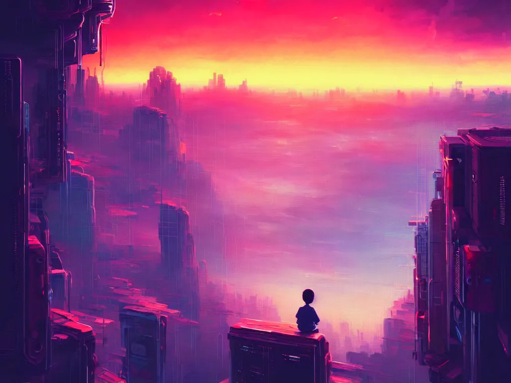 Image similar to a painting of a boy on top of a building watching a colorful sunrise futuristic city surrounded by clouds, cyberpunk art by yoshitaka amano and alena aenami, cg society contest winner, retrofuturism, matte painting, apocalypse landscape, cityscape