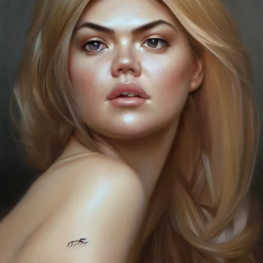 Image similar to portrait of kate upton, dark, piercing eyes, gentle expression, elegant clothing, photorealistic, highly detailed, artstation, smooth, sharp focus, art by michael whelan, artgerm, greg rutkowski and alphonse mucha