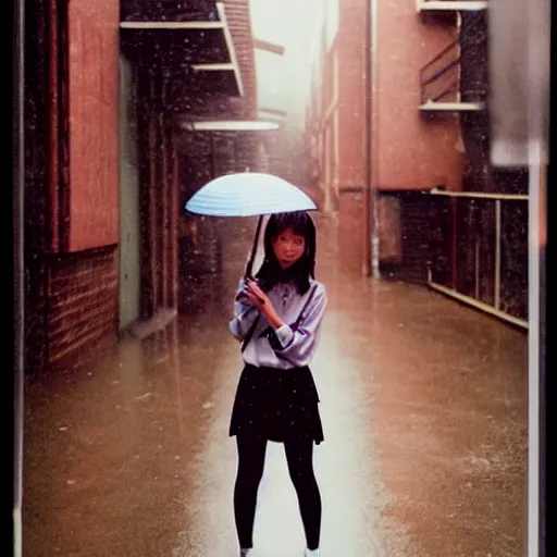 Image similar to 1990s perfect 8K HD professional cinematic photo of close-up japanese schoolgirl posing in sci-fi dystopian alleyway at morning during rain, at instagram, Behance, Adobe Lightroom, with instagram filters, depth of field, taken with polaroid kodak portra