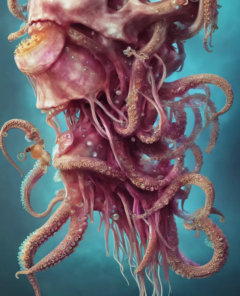 Image similar to goddess close - up portrait human skeleton, ram skull, octopus, jellyfish, orchid, betta fish, bioluminiscent, intricate artwork by tooth wu and wlop and beeple. octane render, trending on artstation, greg rutkowski very coherent symmetrical artwork. cinematic, hyper realism, high detail, octane render, 8 k