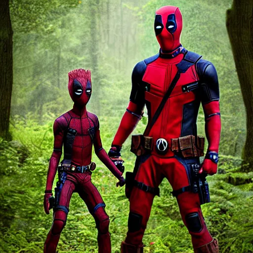 Image similar to deadpool and groot in the woods playing digital art 4 k detailed