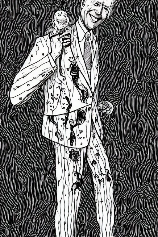 Image similar to Joe Biden full body portrait, body horror, black and white Illustration by Junji Ito