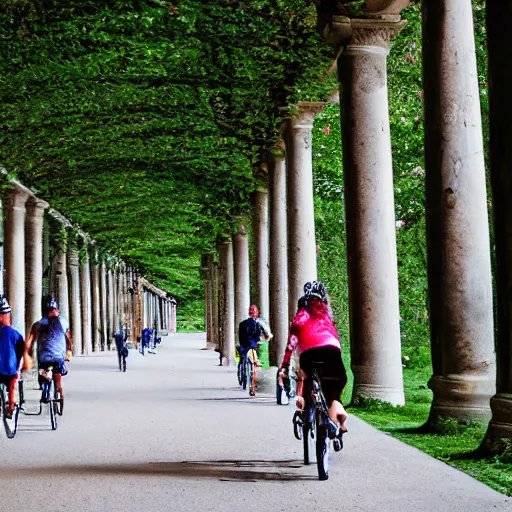Prompt: friends ride their bikes through a colonnade of trees