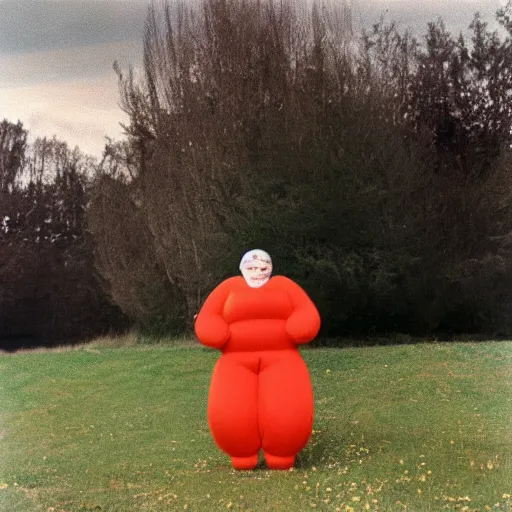 Image similar to middle-aged woman dressed as an inflatable toy, in the countryside 1979 arthouse film, archival footage, technicolor film expired film