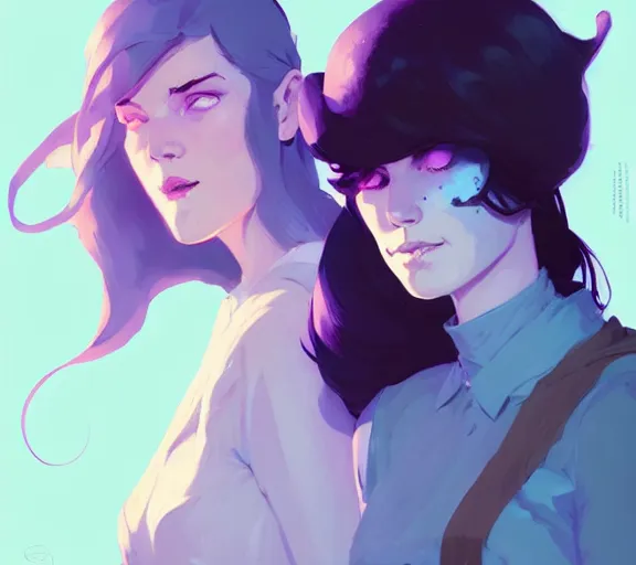 Image similar to portrait violet and caitlyn, arcane, by atey ghailan, by greg rutkowski, by greg tocchini, by james gilleard, by joe fenton, by kaethe butcher, dynamic lighting, gradient light blue, brown, blonde cream and white color scheme, grunge aesthetic