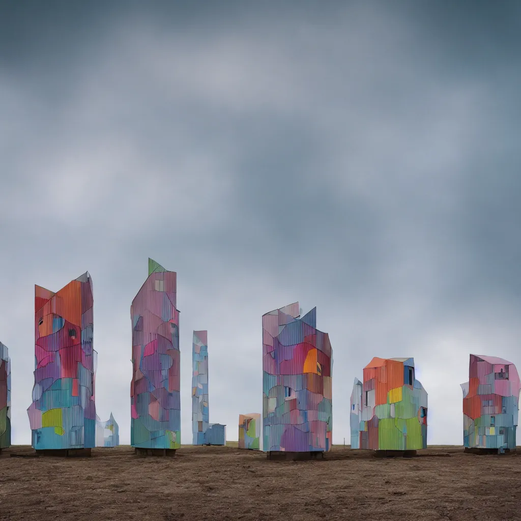 Image similar to two towers made up of colourful makeshift squatter shacks, pastel tones, plain uniform sky at the back, misty, mamiya rb 6 7, ultra sharp, very detailed, photographed by zaha hadid