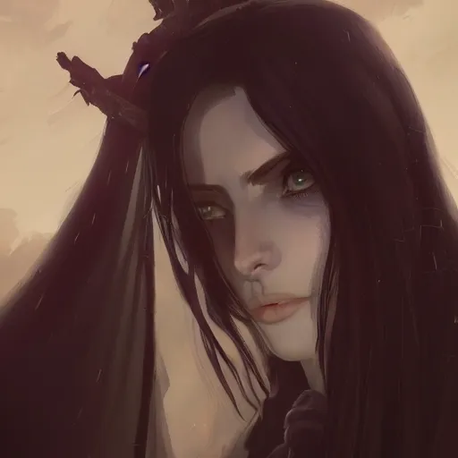 Image similar to female human vampire witch in the style of greg rutkowski, makoto shinkai, trending on artstation, character design, concept art, pretty face, highly detailed, long black hair, portrait, digital art