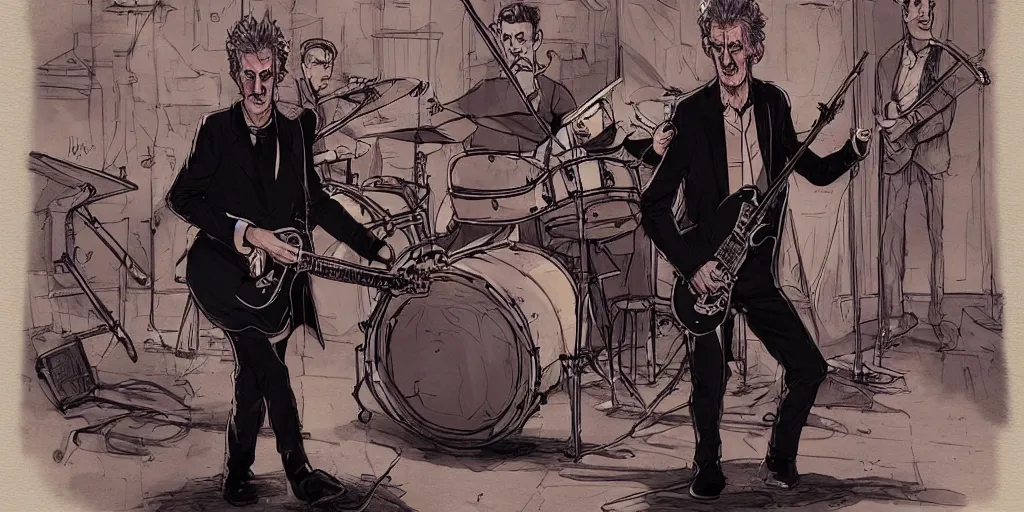 Image similar to cartoonish peter capaldi jamming with his band, character sheet, fine details, concept design, contrast, kim jung gi, greg rutkowski, trending on artstation, 8 k, full body, turnaround, front view, back view, ultra wide angle