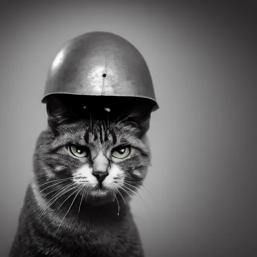 Prompt: a black and white photo of a cat with a World War 2 helmet, high detailed, atmosphere, 4k