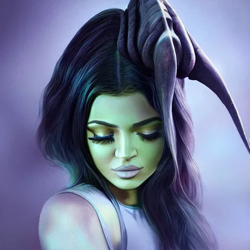 Image similar to kylie jenner held menacingly by an xenomorph, highly detailed, photorealistic, slime, saliva, artstation, smooth