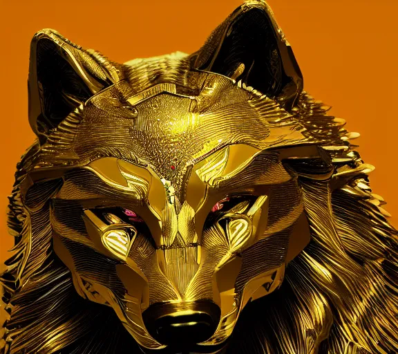 Image similar to chrome and gold wolf, glossy, metallic, neon, symmetrical, tribal patterns, realistic, unreal engine, octane, redshift, artstation, behance