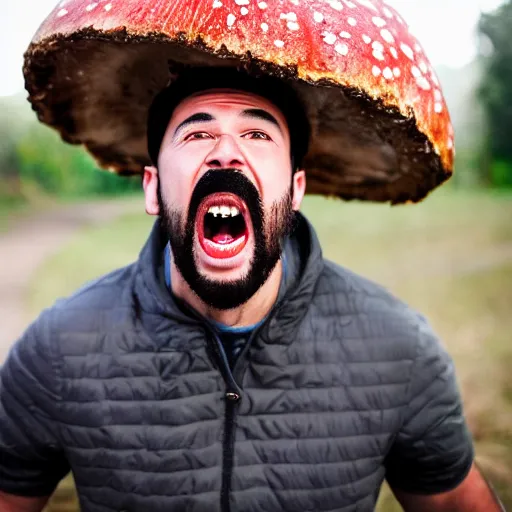 Image similar to photo of mario finding a giant mushroom, exhilarated, portrait, closeup. mouth open, 30mm, bokeh