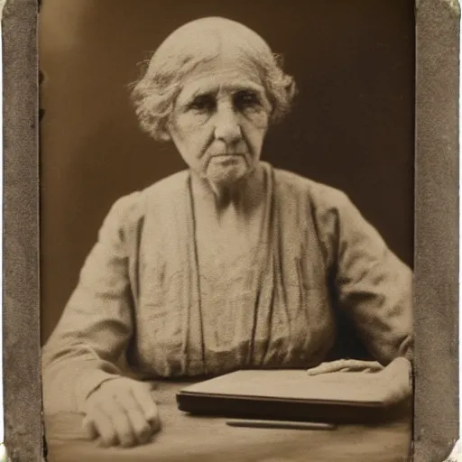 Prompt: Nan in 1910 using an laptop, daguerreotype photo, HD