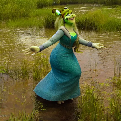 Image similar to Fiona from Shrek, dancing in a dress in a swamp