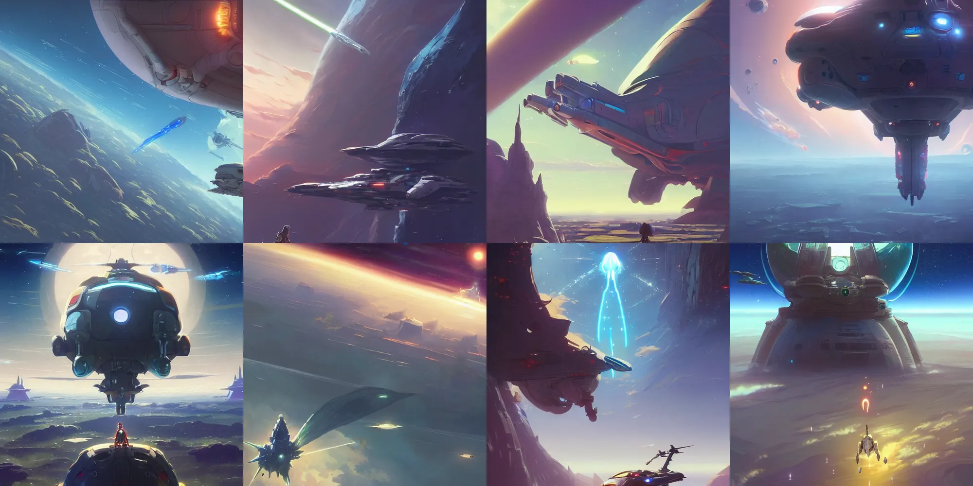 Prompt: spaceship in orbit, by Makoto Shinkai, Marc Simonetti,Peter Mohrbacher , Miyazaki, Nausicaa Ghibli, in the style of Breath of The Wild, cinematic, low angle, hyperdetailed matte painting, Star Citizen, Battlestar Galactica, star wars, trending on Artstation