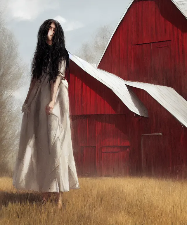 Image similar to a young woman in the shadow! of a red barn!. black hair, white! dress, sharp focus, wide angle, digital painting by eddie mendoza, trending on artstation