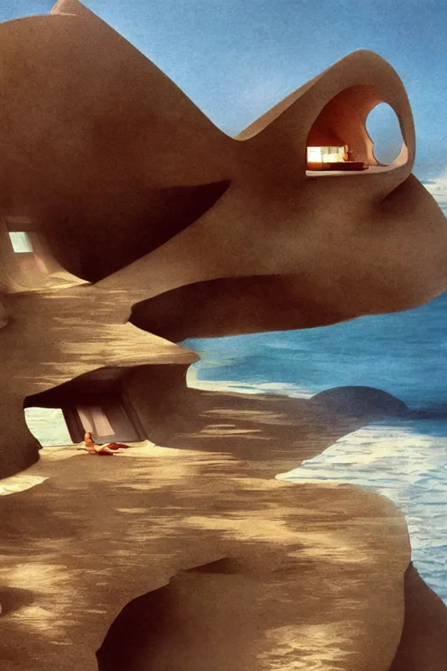 Image similar to seashell house where a hermit girl lives, atmospheric cinematography by syd mead and emmanuel lubezki