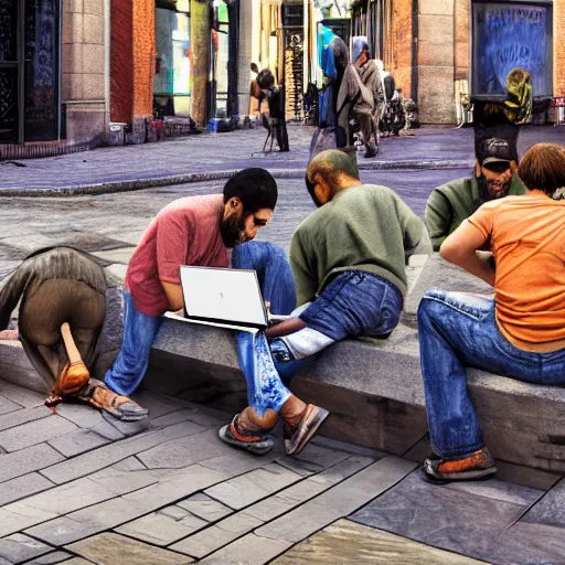 Image similar to a group of realistic bums using laptops near on street, highly detailed, intricate, sharp focus, digital art, 8 k