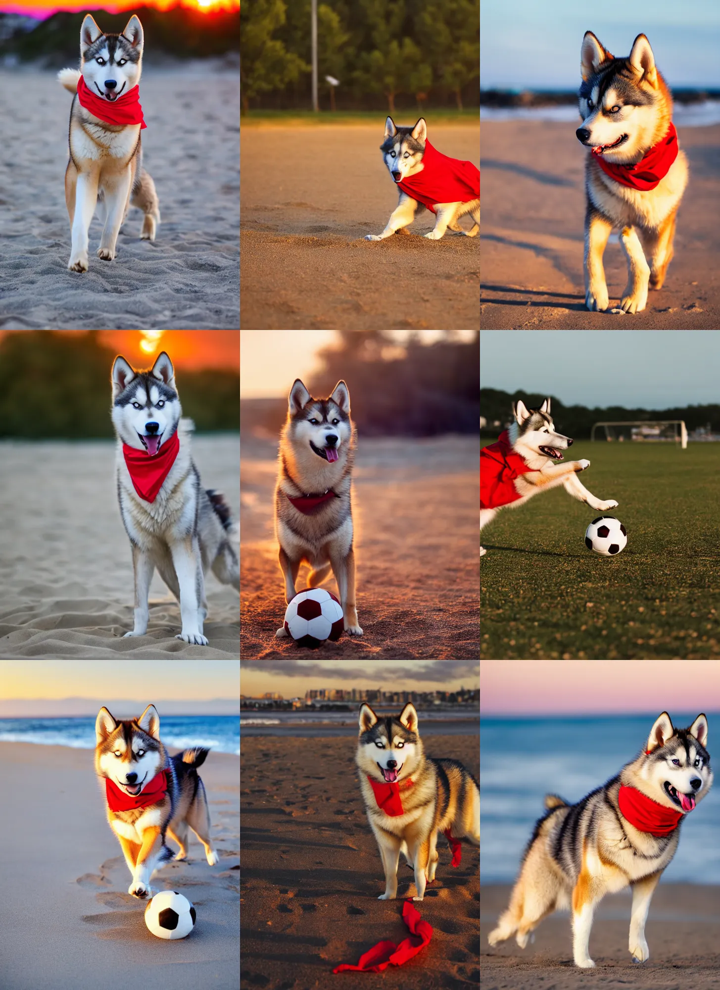 Image similar to a playful caramel husky wearing a red bandana, playing soccer on the beach, Golden hour, bokeh , 4k