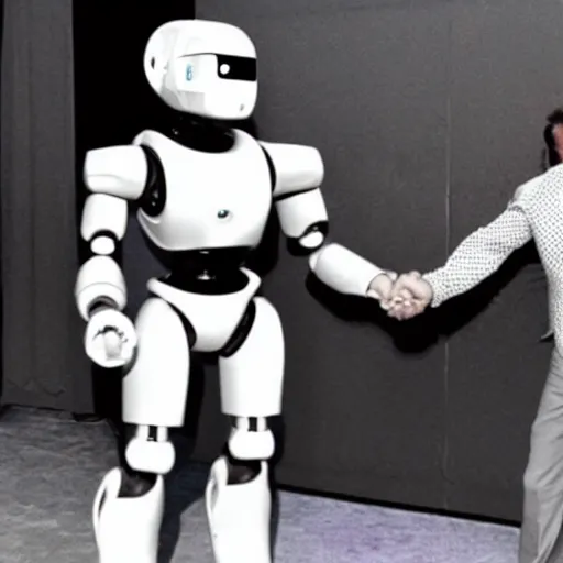 Image similar to LOS ANGELES CA, JULY 7 2025: Futuristic Robot Convention, Arnold Schwarzenegger reacts to a VERY CUTE ROBOT ASKING FOR A HUG