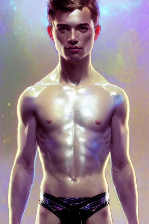 Prompt: portrait of a beautiful young fit man, body made of glass, shiny reflective surfaces, luminous scene, by greg rutkowski and alphonse mucha, d & d character, gradient white to silver, in front of an iridescent background, highly detailed portrait, digital painting, artstation, concept art, smooth, sharp focus ilustration, artstation hq