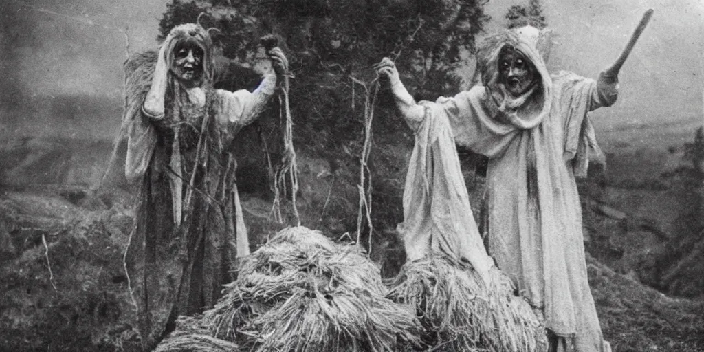 Prompt: 1 9 2 0 s spirit photography of an old female farmer turning into a krampus ghost with hay cloth in the dolomites, by william hope, dark, eerie, grainy