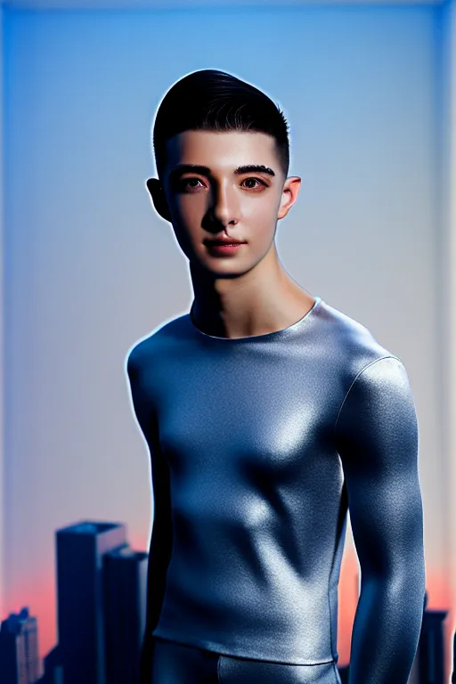 Image similar to un ultra high definition studio quality photographic art portrait of a young man standing on the rooftop of a british apartment building wearing soft padded silver pearlescent clothing. three point light. extremely detailed. golden ratio, ray tracing, volumetric light, shallow depth of field. set dressed.