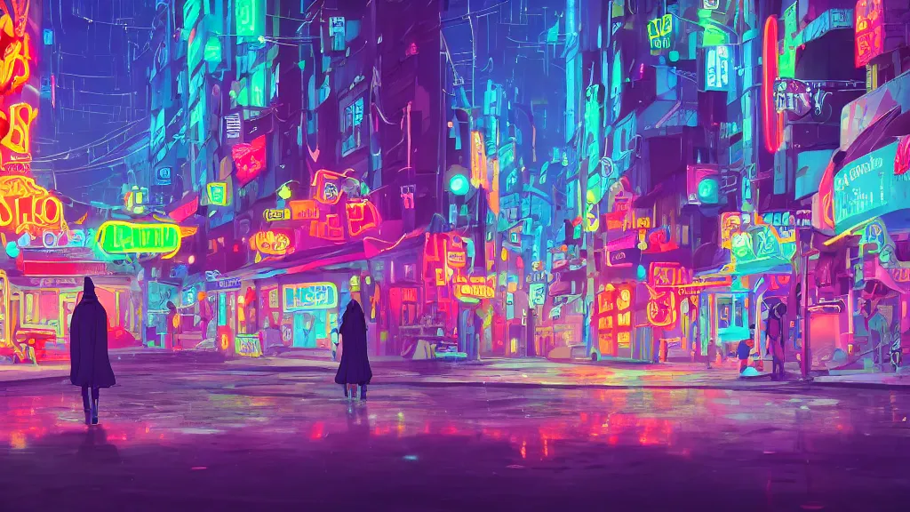 Prompt: Animated film still, medium distance, a cloaked figure wandering through a vibrant and colorful alien city at night, light rain, colorful neon signs, dramatic depth of field, award-winning animated short film inspired by Studio Ghibli