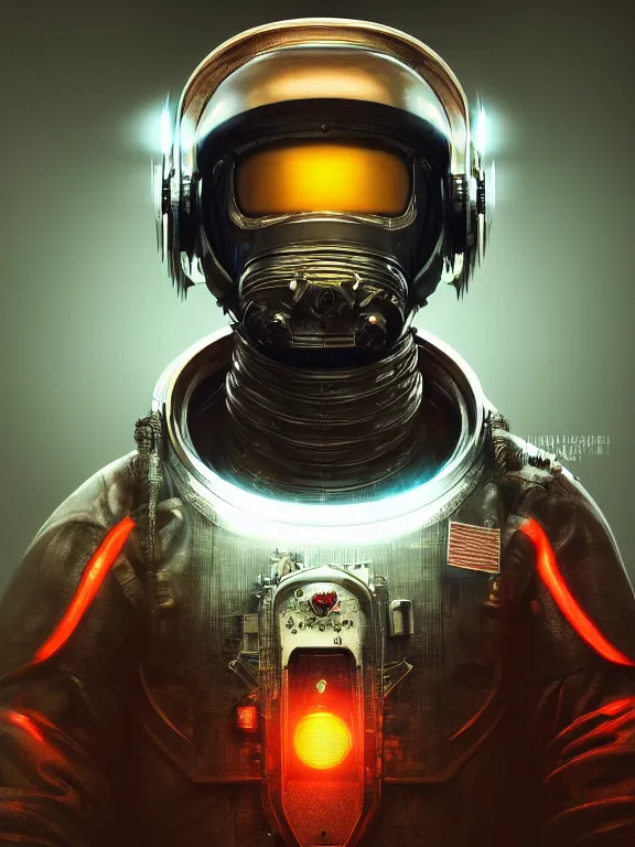Prompt: portrait art of 8k ultra realistic retro futuristic fire astronaut helmet, lens flare, atmosphere, glow, detailed,intricate,blade runner, cybernetic, full of colour, cinematic lighting, trending on artstation, 4k, hyperrealistic, focused, extreme details,unreal engine 5, cinematic, masterpiece, art by ayami kojima, giger