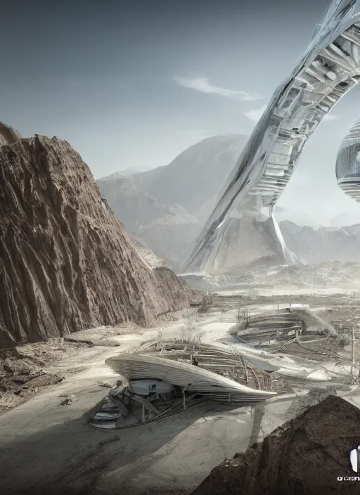 Image similar to bioremediation white mining tailing futuristic horizontal architecture in chuquicamata, epic, cinematic, hyperealistic, high detailed, corona render, hdr, ray tracing