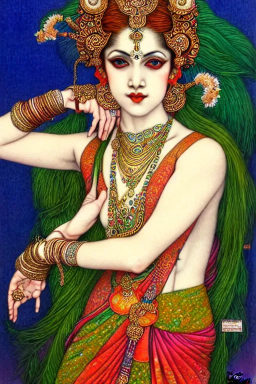 Image similar to beautiful and playful ginger hindu dancer, art nouveau, fantasy, intricate indian flower designs, elegant, highly detailed, sharp focus, art by chie yoshii