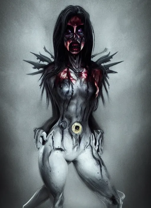 Image similar to dark full body painting of mercy from overwatch, in style of zdzisław beksinski, scary, horror, 4 k, feminine facial features, overwatch mercy character, horror, body horror, disturbing, detailed face, dressed in dark garment, black tendrils, tall,