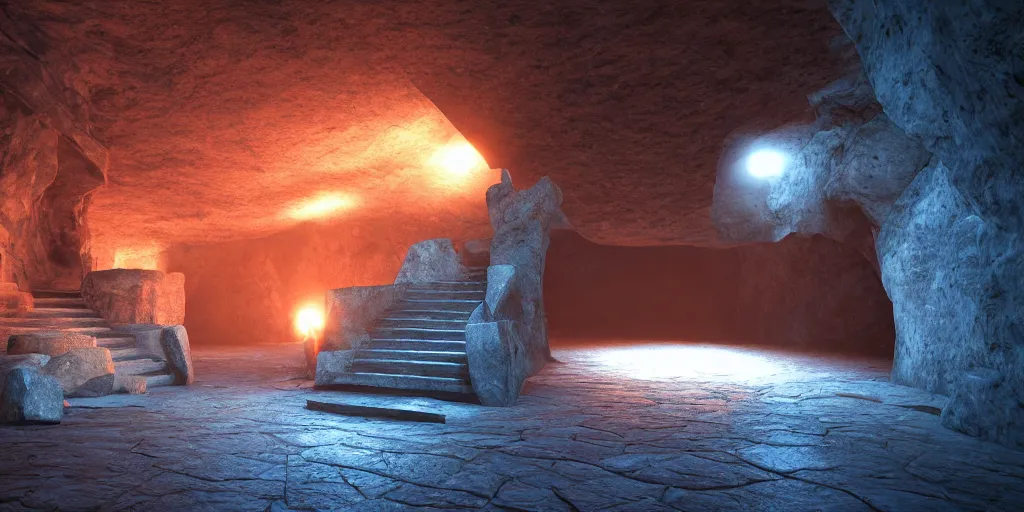 Image similar to crooked stairway made of stone inside a gloomy cave with atmospheric lighting, smoke, photorealistic rendering, blue and orange lights in the distance, octane, redshift, unreal engine