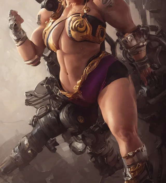 Image similar to detailed portrait of margot robbie as a thick female bodybuilder zarya from overwatch, attractive, beautiful, fantasy, intricate, elegant, highly detailed, digital painting, artstation, concept art, matte, sharp focus, illustration, art by aenaluck, artgerm and roberto ferri and greg rutkowski, epic fantasy, digital painting