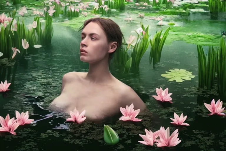 Prompt: hyperrealistic cinematic 3 d portrait of a woman's head and shoulders floating in a pond, surrounded by a forrest of lillies, deep focus, intricate, elegant, highly detailed, matte, sharp focus, by bill henson and gregory crewdson and james jean