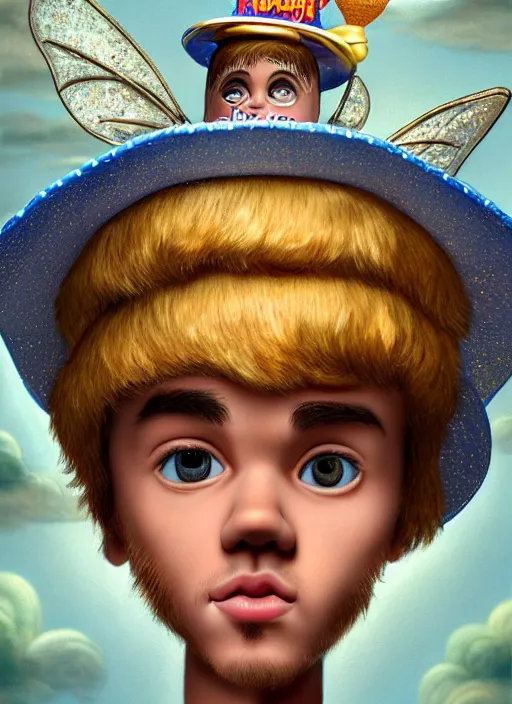 Prompt: highly detailed closeup, face profile portrait of justin bieber as a tin toy fairy - tale wizard wearing a sombrero eating ice cream, unreal engine, nicoletta ceccoli, mark ryden, earl norem, lostfish, global illumination, detailed and intricate environment