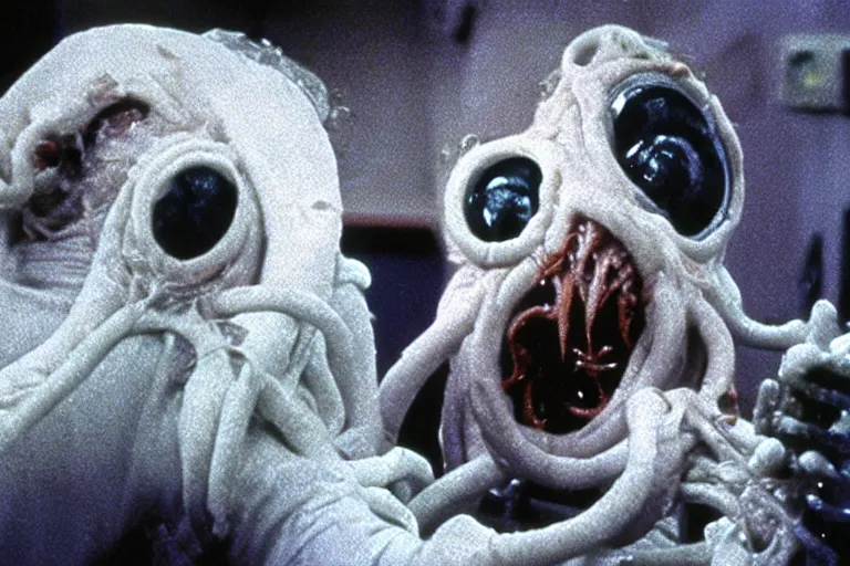 Image similar to scary filmic wide shot angle movie still 35mm film color photograph of a shape shifting horrific nightmarish abstract alien organism from The Thing 1982 spewing toxic spined tentacles made out of flesh strangling a doctor wearing a lab coat and surgical mask in the style of a horror film