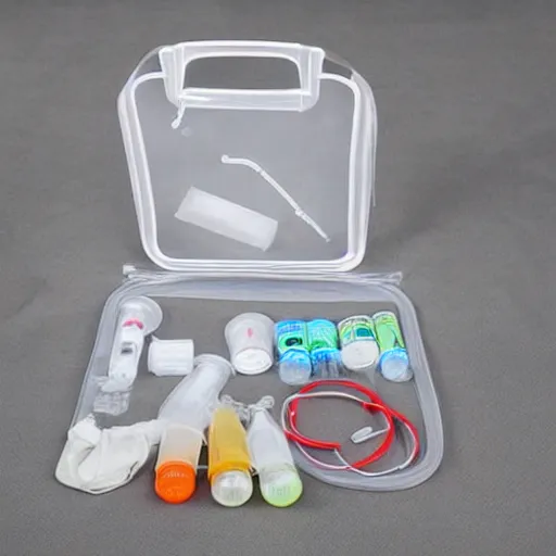 Image similar to musical instrument made out of clear tubing, syringes, urine collection bag, iv pole, fluid bag, nebulizer equipment