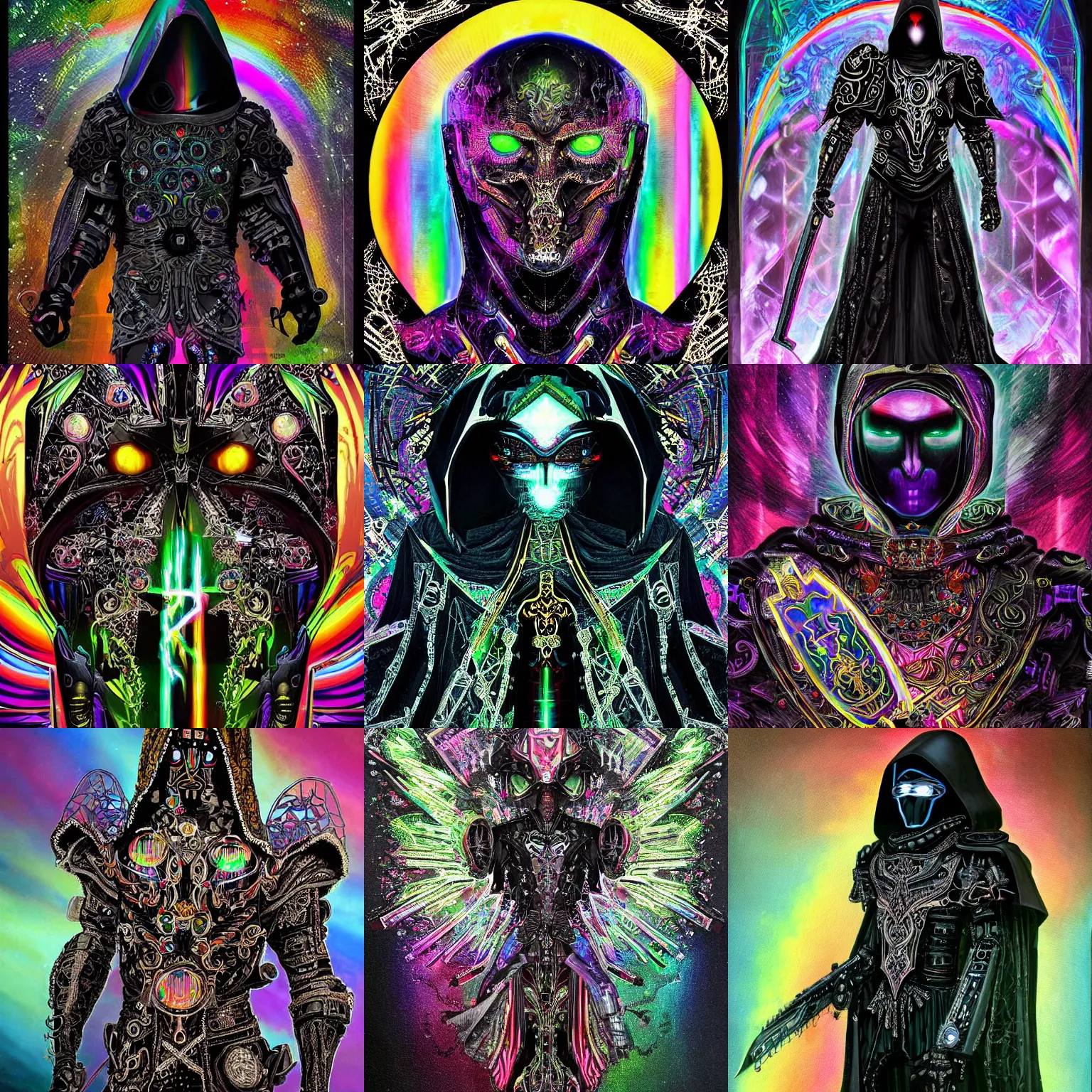 Prompt: An ominous painting of a hooded warrior entity wearing a partially cybernetic intricate ornate black cloak and brandishing a powerful intricate ornate rainbow crystal sword, concept art, futurism, scifi, intricate black armor encrusted in iridescent microchips and ornate precious colorful crystals, highly detailed elegant cybernetic body, iridescent, vivid rainbow of colors, iridescent glistening smoke, digital painting, gold sparks, artstation, concept art, smooth, symmetric, elegant, ornate, luxury, elite, matte painting, cinematic, trending on artstation, deviantart and cgsociety