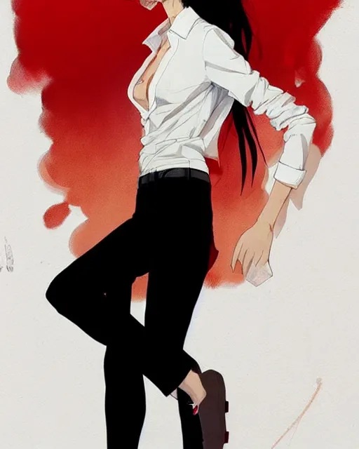 Image similar to a ultradetailed full body portrait of a woman dressed in a white shirt with a tie, by conrad roset, greg rutkowski and makoto shinkai trending on artstation