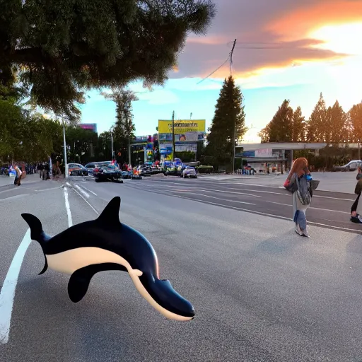 Prompt: photo of an enormous full sized needle - felted killer whale crossing a busy street golden hour