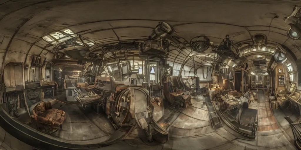 Image similar to 3 6 0 x 1 8 0 hdri panorama of a dieselpunk submarine interior set design, cinematic lighting, color contrast, arri alexa, anamorphic bokeh, professional lighting, 4 k, photographed by erik johansson, graded with davinci resolve