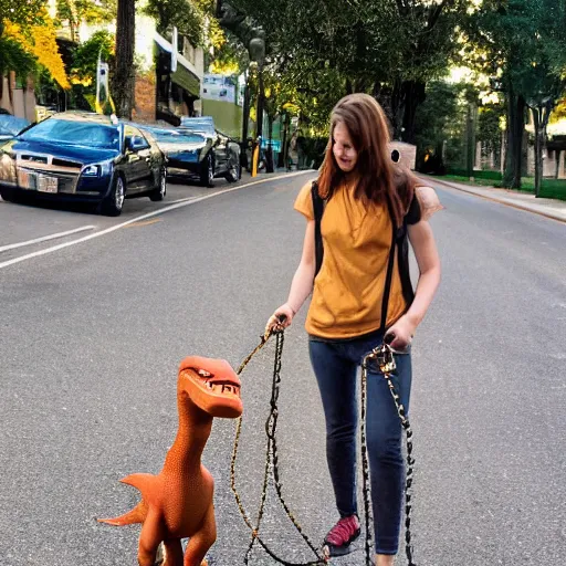 Prompt: award winning portrait of a young woman walking her pet dinosaur on a leash,