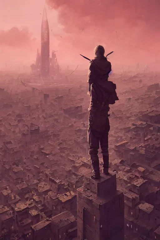 Image similar to A small person standing before a michanical city by Greg Rutkowski, beeple, Sung Choi, Mitchell Mohrhauser, Maciej Kuciara, Johnson Ting, Maxim Verehin, Peter Konig, final fantasy, macro lens, 35mm, 8k photorealistic, cinematic lighting, HD, high details, dramatic, dark atmosphere, trending on artstation