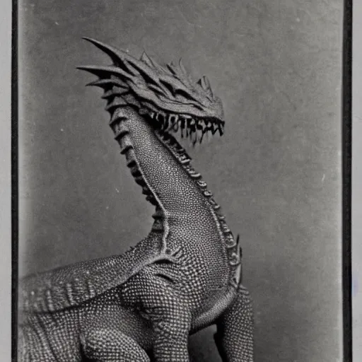 Image similar to victorian photograph of a pet dragon, highly realistic, scaly, grainy photo, very blurry, creature, faded, taken in the 1 8 8 0 s, 1 8 7 0 s, 1 8 9 0 s